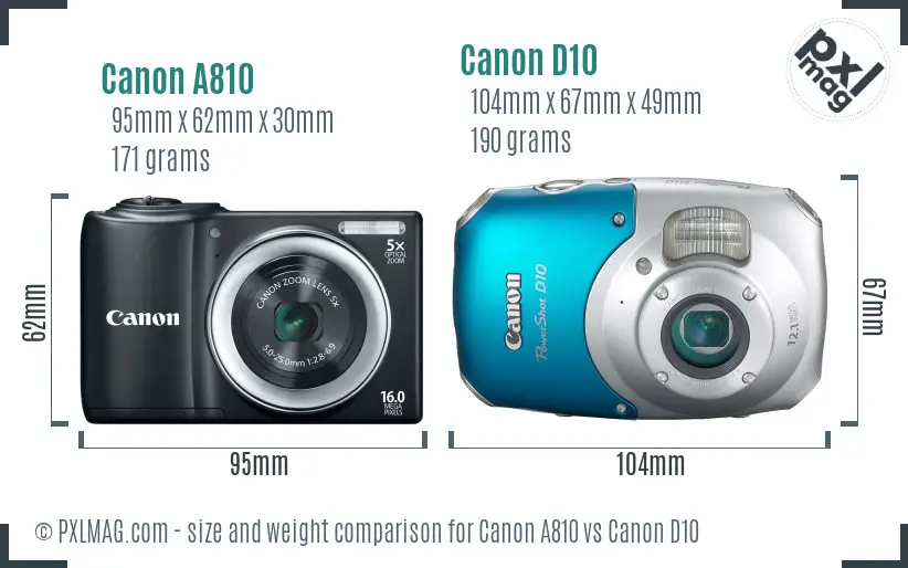 Canon A810 vs Canon D10 size comparison