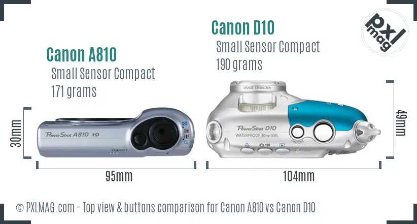 Canon A810 vs Canon D10 top view buttons comparison