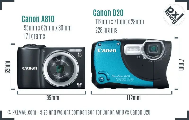 Canon A810 vs Canon D20 size comparison