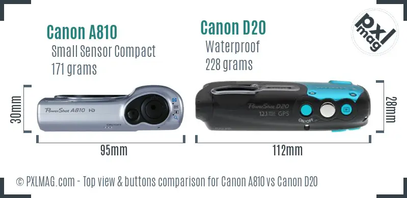 Canon A810 vs Canon D20 top view buttons comparison