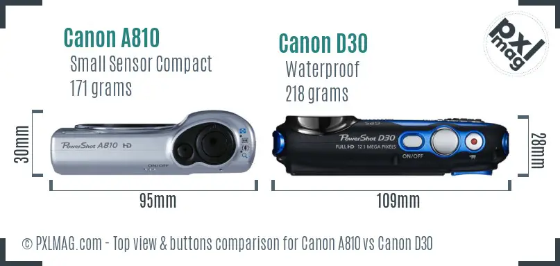 Canon A810 vs Canon D30 top view buttons comparison Canon A810 vs Canon D30 top view buttons comparison