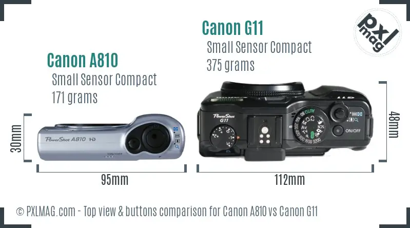 Canon A810 vs Canon G11 top view buttons comparison Canon A810 vs Canon G11 top view buttons comparison