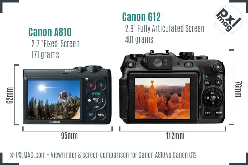Canon A810 vs Canon G12 Screen and Viewfinder comparison