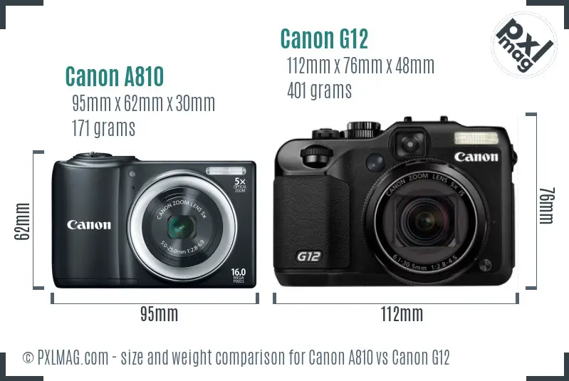 Canon A810 vs Canon G12 size comparison