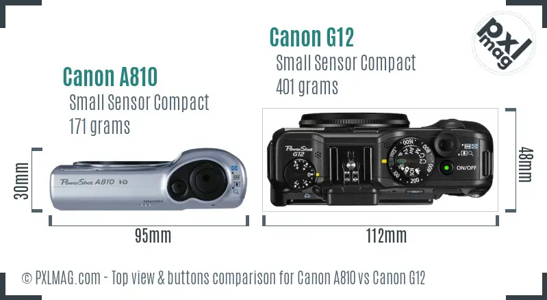 Canon A810 vs Canon G12 top view buttons comparison
