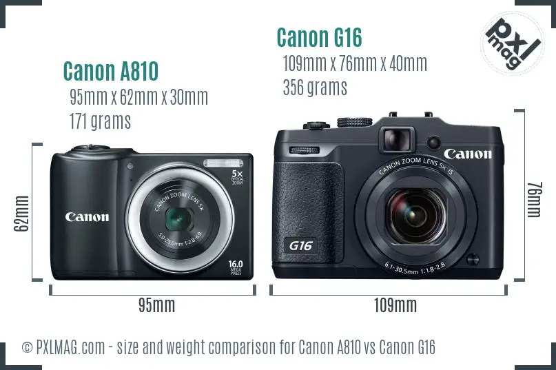 Canon A810 vs Canon G16 size comparison