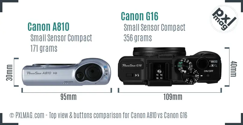 Canon A810 vs Canon G16 top view buttons comparison