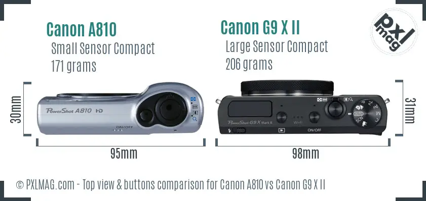 Canon A810 vs Canon G9 X II top view buttons comparison