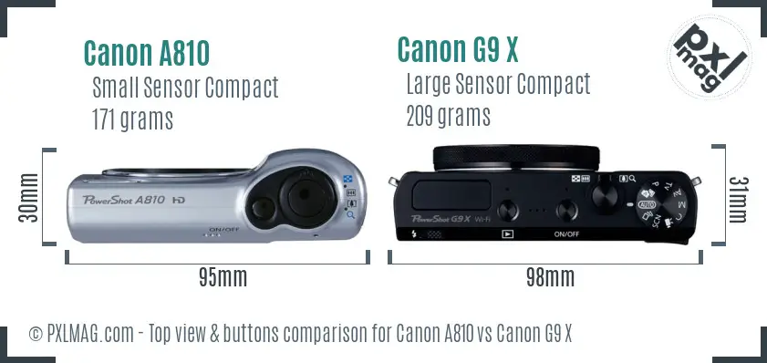 Canon A810 vs Canon G9 X top view buttons comparison