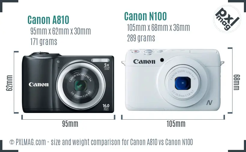 Canon A810 vs Canon N100 size comparison