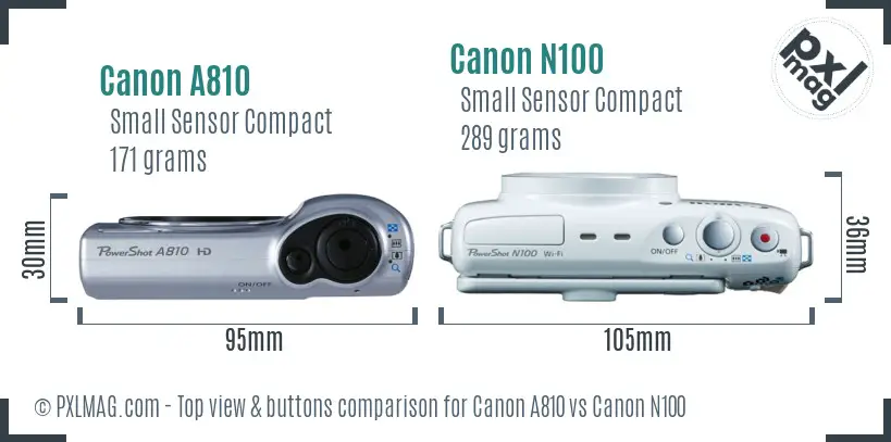 Canon A810 vs Canon N100 top view buttons comparison