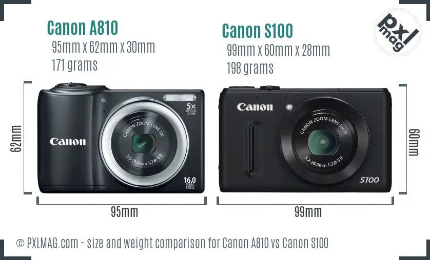Canon A810 vs Canon S100 size comparison