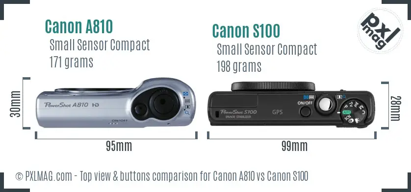 Canon A810 vs Canon S100 top view buttons comparison