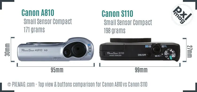 Canon A810 vs Canon S110 top view buttons comparison