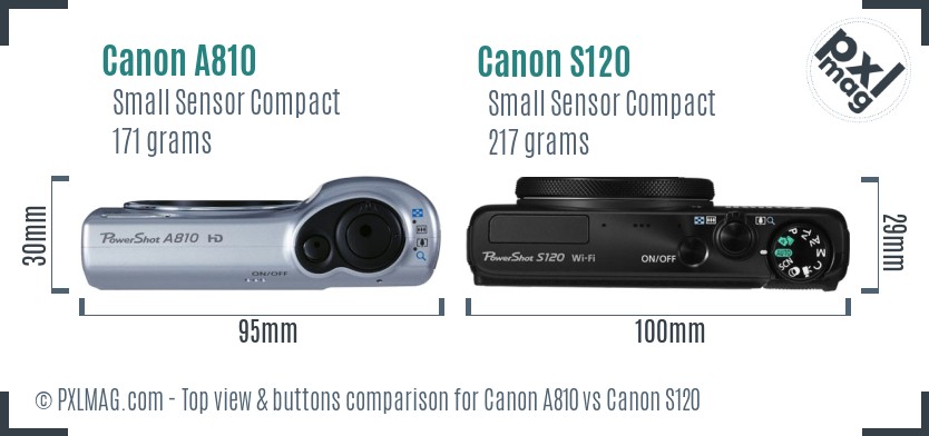 Canon A810 vs Canon S120 top view buttons comparison