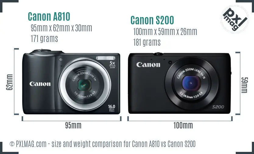 Canon A810 vs Canon S200 size comparison