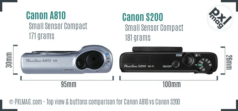 Canon A810 vs Canon S200 top view buttons comparison