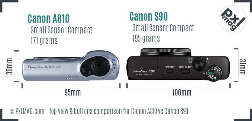 Canon A810 vs Canon S90 top view buttons comparison