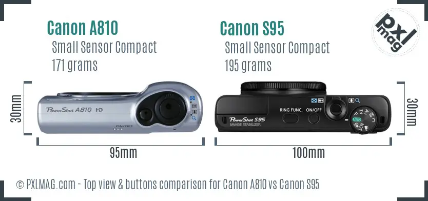 Canon A810 vs Canon S95 top view buttons comparison Canon A810 vs Canon S95 top view buttons comparison
