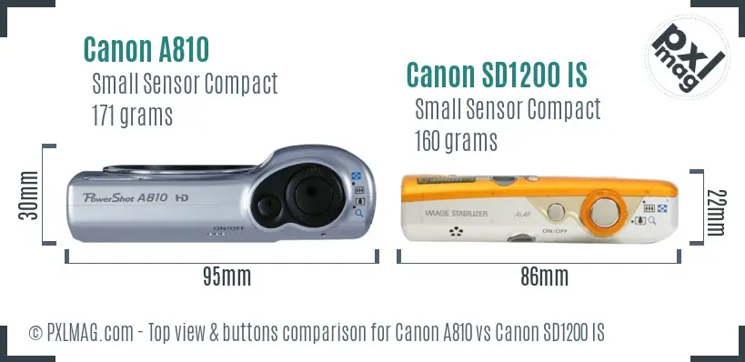 Canon A810 vs Canon SD1200 IS top view buttons comparison