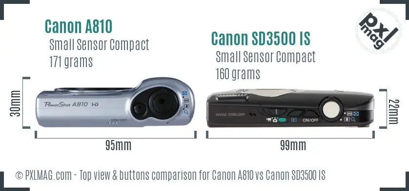 Canon A810 vs Canon SD3500 IS top view buttons comparison Canon A810 vs Canon SD3500 IS top view buttons comparison