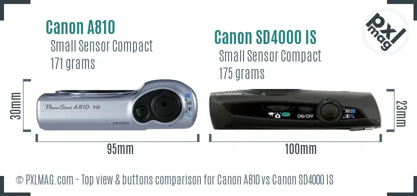 Canon A810 vs Canon SD4000 IS top view buttons comparison Canon A810 vs Canon SD4000 IS top view buttons comparison