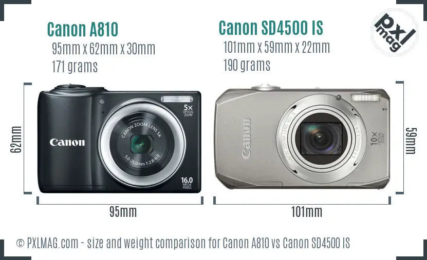 Canon A810 vs Canon SD4500 IS size comparison
