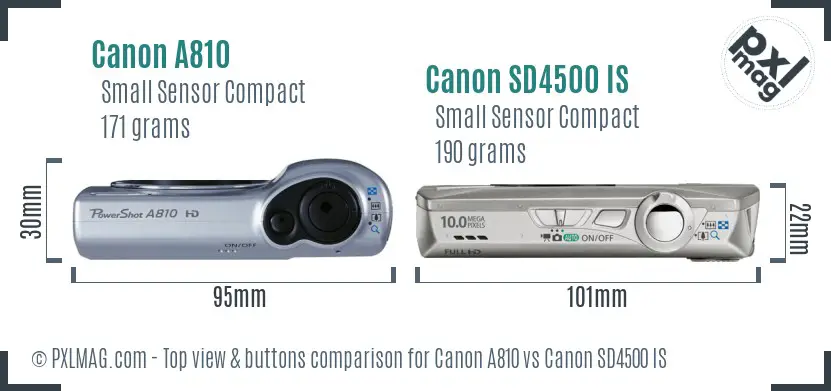 Canon A810 vs Canon SD4500 IS top view buttons comparison