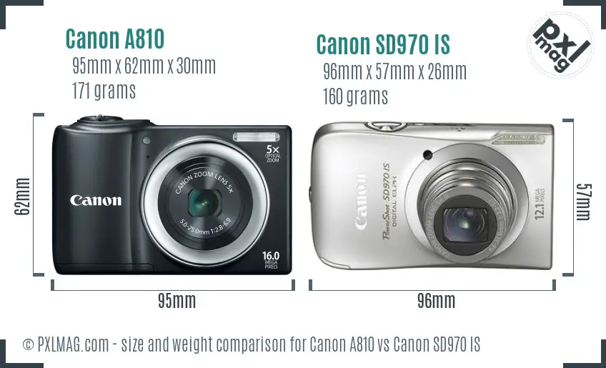 Canon A810 vs Canon SD970 IS size comparison