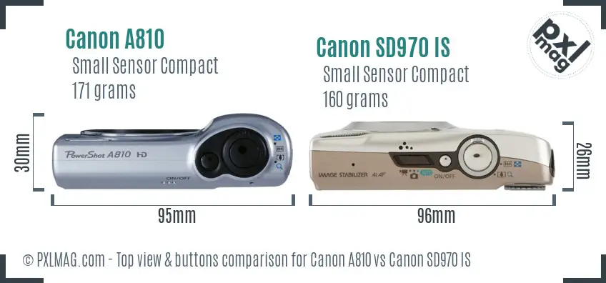 Canon A810 vs Canon SD970 IS top view buttons comparison