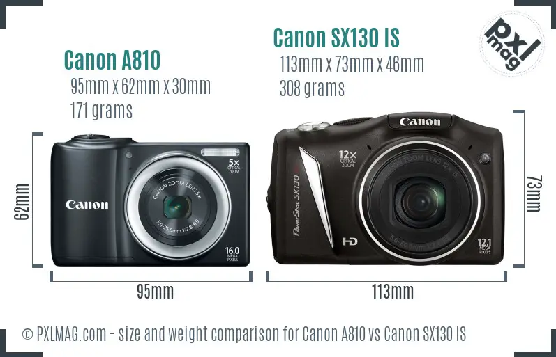 Canon A810 vs Canon SX130 IS size comparison