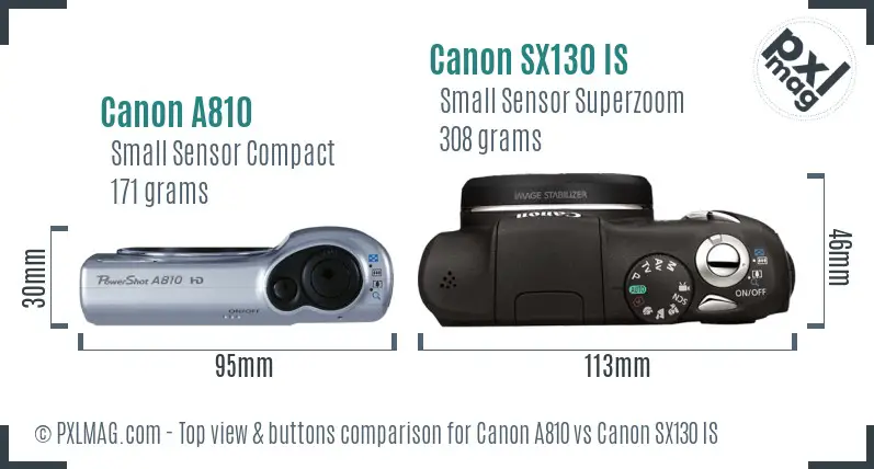Canon A810 vs Canon SX130 IS top view buttons comparison