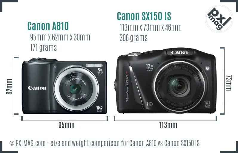 Canon A810 vs Canon SX150 IS size comparison