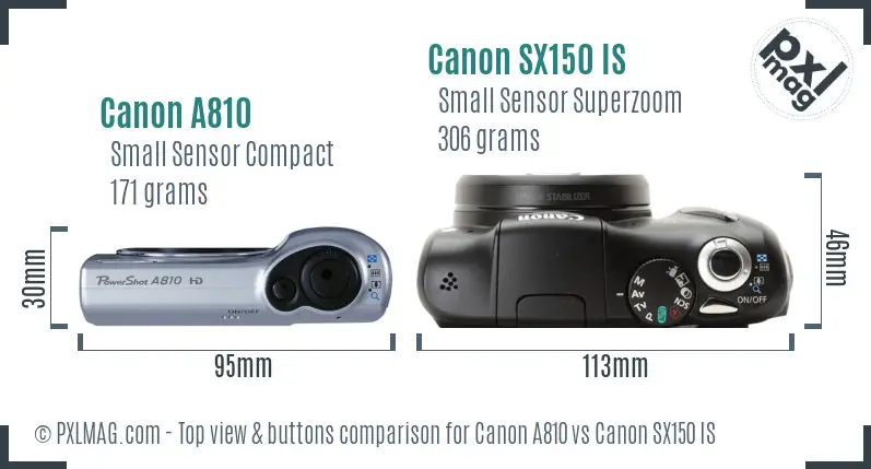 Canon A810 vs Canon SX150 IS top view buttons comparison