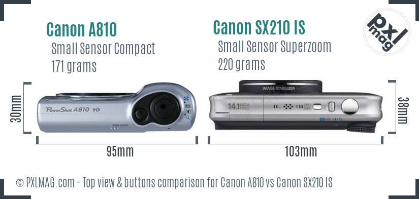 Canon A810 vs Canon SX210 IS top view buttons comparison