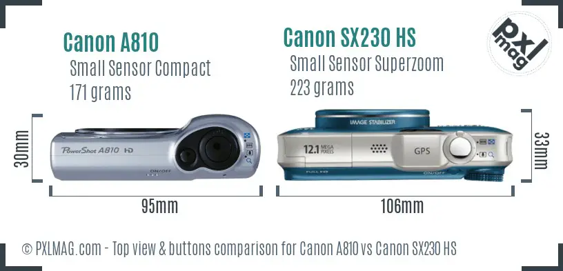 Canon A810 vs Canon SX230 HS top view buttons comparison