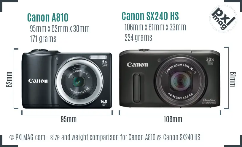 Canon A810 vs Canon SX240 HS size comparison