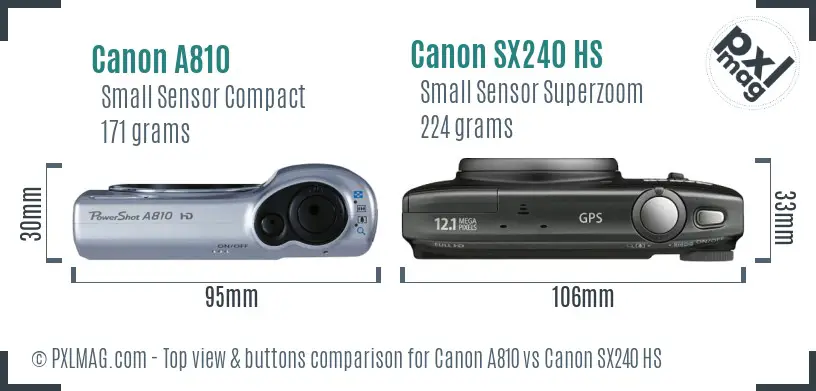 Canon A810 vs Canon SX240 HS top view buttons comparison