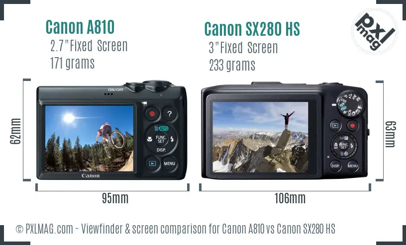 Canon A810 vs Canon SX280 HS Screen and Viewfinder comparison