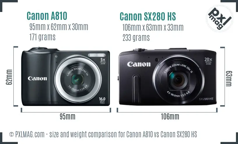 Canon A810 vs Canon SX280 HS size comparison