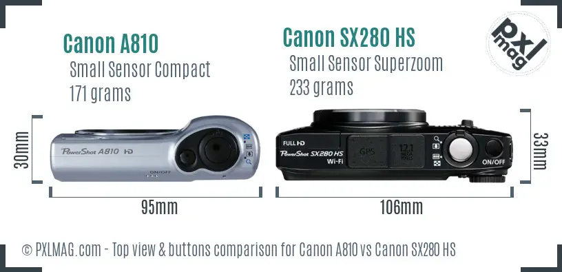 Canon A810 vs Canon SX280 HS top view buttons comparison