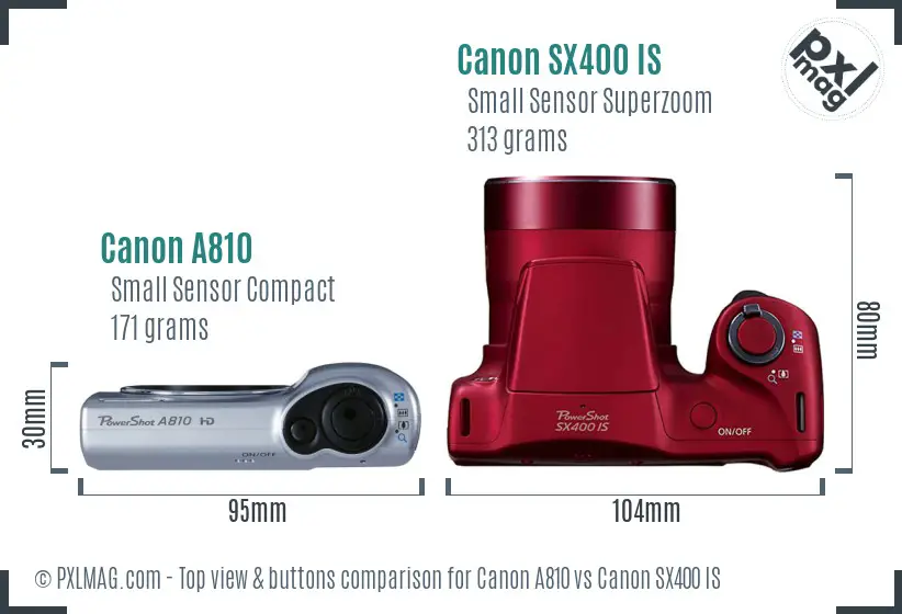 Canon A810 vs Canon SX400 IS top view buttons comparison Canon A810 vs Canon SX400 IS top view buttons comparison