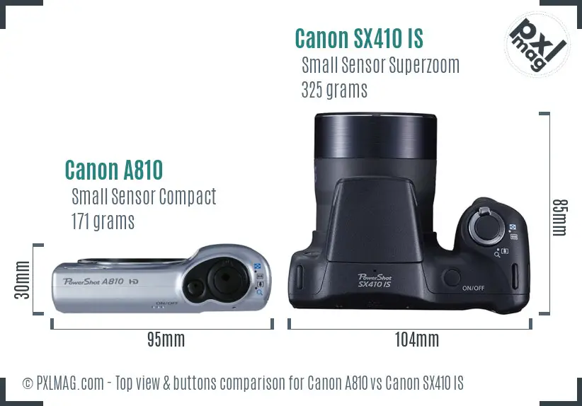 Canon A810 vs Canon SX410 IS top view buttons comparison Canon A810 vs Canon SX410 IS top view buttons comparison