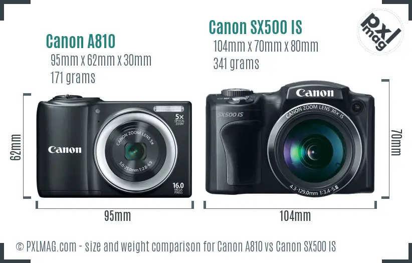 Canon A810 vs Canon SX500 IS size comparison