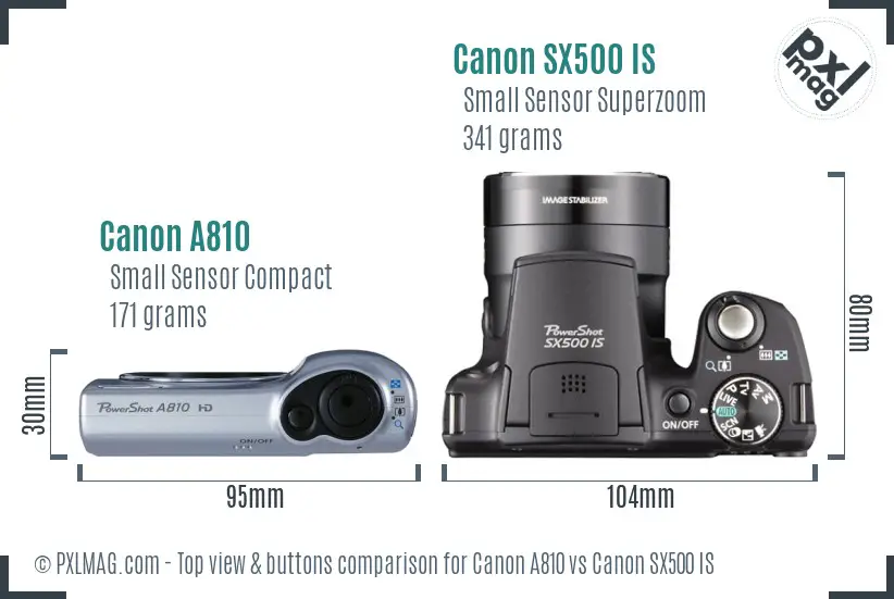 Canon A810 vs Canon SX500 IS top view buttons comparison