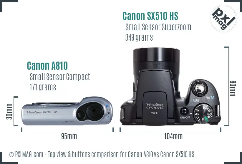 Canon A810 vs Canon SX510 HS top view buttons comparison Canon A810 vs Canon SX510 HS top view buttons comparison