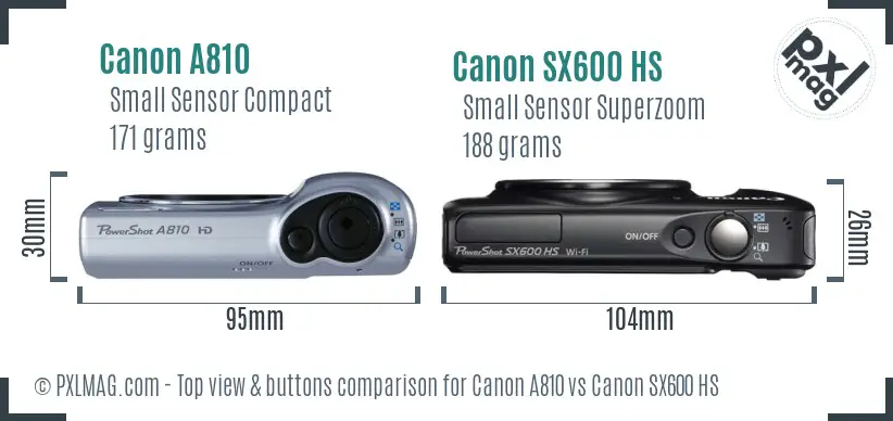 Canon A810 vs Canon SX600 HS top view buttons comparison Canon A810 vs Canon SX600 HS top view buttons comparison