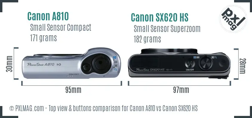 Canon A810 vs Canon SX620 HS top view buttons comparison