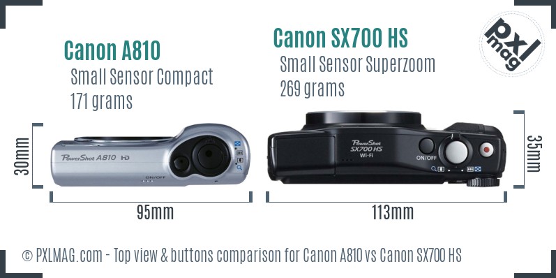 Canon A810 vs Canon SX700 HS top view buttons comparison