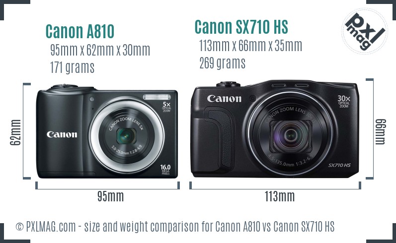 Canon A810 vs Canon SX710 HS size comparison